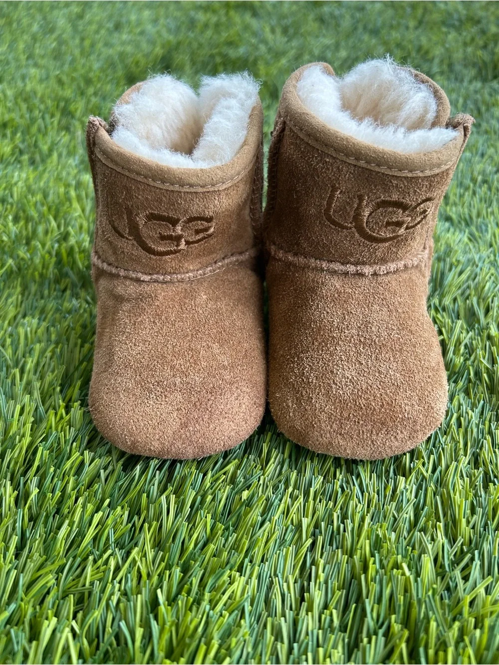 UGG Baby Suede Booties in Chestnut with Shearling Trim